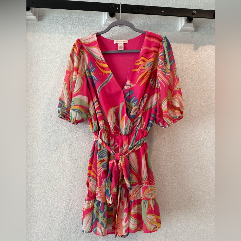 Flying Tomato Pink Multicolor Floral Print Wrap Romper - Picture 8 of 11